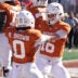 Oct 17, 2026; Austin, Texas, USA; Texas Longhorns quarterback Arch Manning (16) and running back Raleek Brown (0) celebrate after Brown ran for a touchdown during the first half against the Florida Gators at Darrell K Royal-Texas Memorial Stadium.