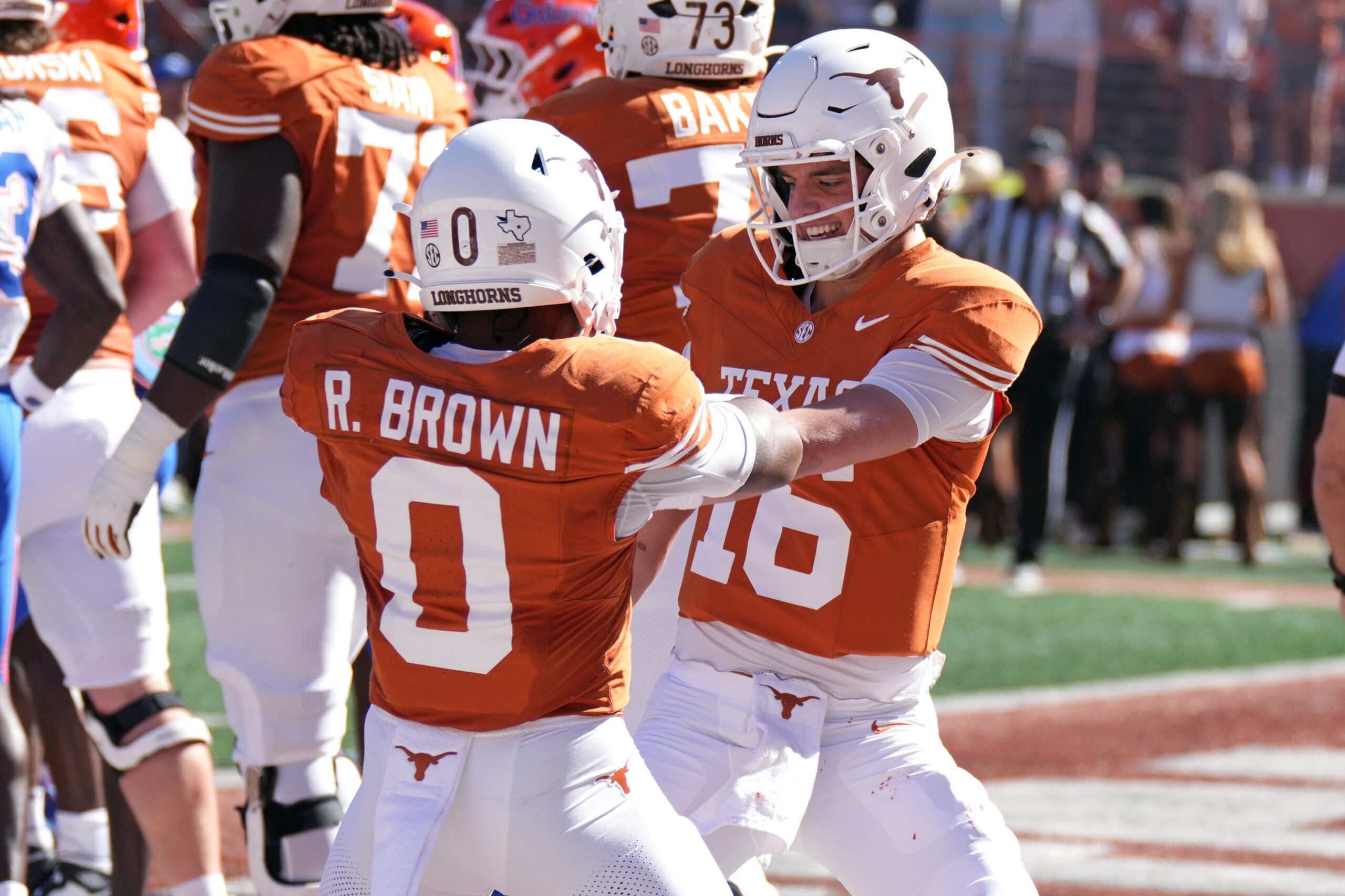 Oct 17, 2026; Austin, Texas, USA; Texas Longhorns quarterback Arch Manning (16) and running back Raleek Brown (0) celebrate after Brown ran for a touchdown during the first half against the Florida Gators at Darrell K Royal-Texas Memorial Stadium.