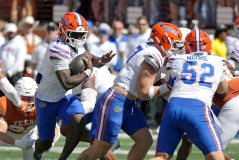 Florida Gators running back Jadan Baugh (13) runs for yards during the first half against the Texas Longhorns at Darrell K Royal-Texas Memorial Stadium. Scott Wachter-Imagn Images