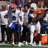 Oct 17, 2026; Austin, Texas, USA; Florida Gators quarterback Tramell Jones Jr. (9) reacts after running for a first down to secure a victory at the end of the second half against the Texas Longhorns at Darrell K Royal-Texas Memorial Stadium.