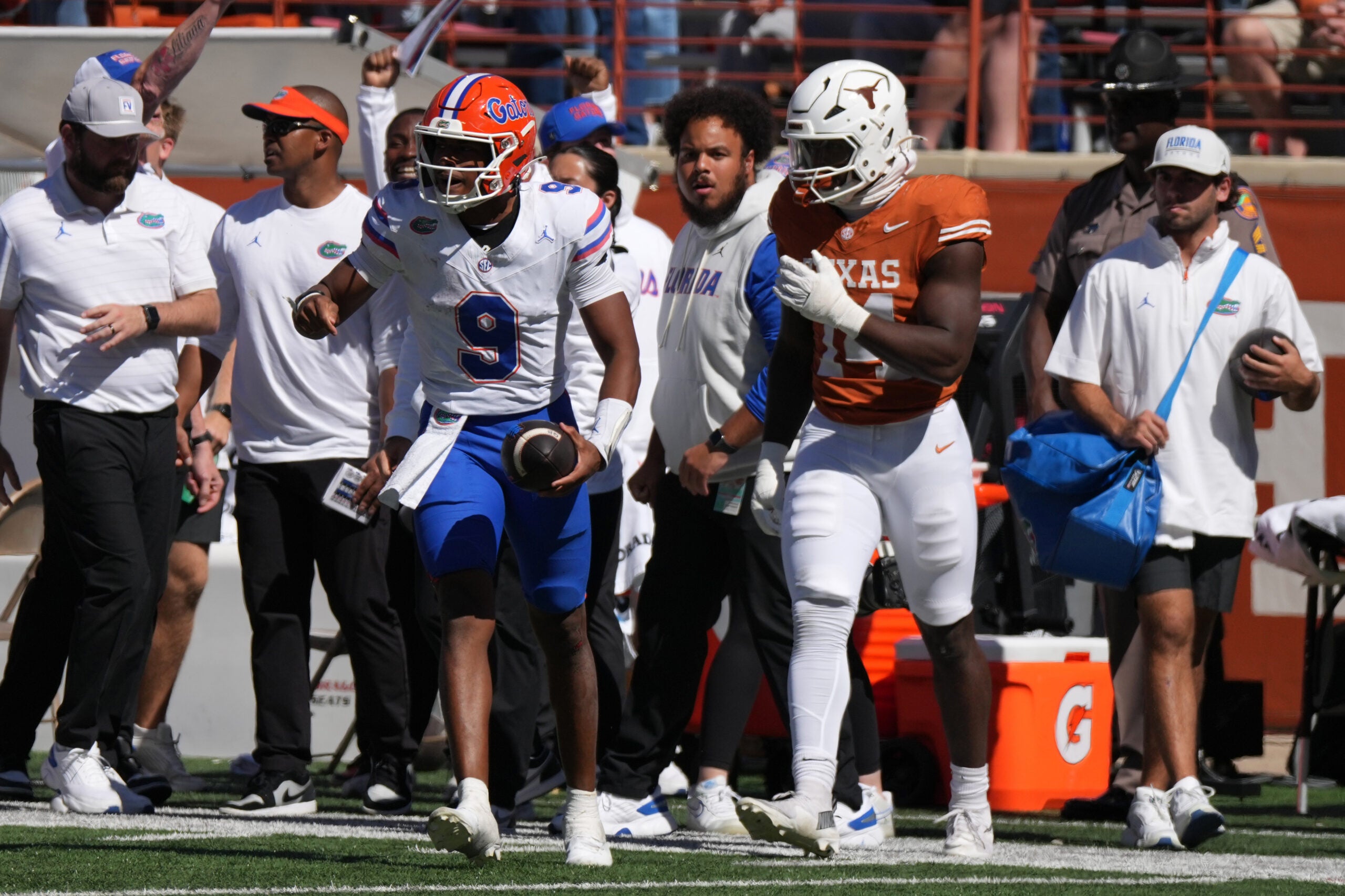 Oct 17, 2026; Austin, Texas, USA; Florida Gators quarterback Tramell Jones Jr. (9) reacts after running for a first down to secure a victory at the end of the second half against the Texas Longhorns at Darrell K Royal-Texas Memorial Stadium.