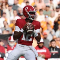Oct 17, 2026; Knoxville, Tennessee, USA; Alabama Crimson Tide quarterback Keelon Russell (12) looks to pass against the Tennessee Volunteers during the first half at Neyland Stadium.