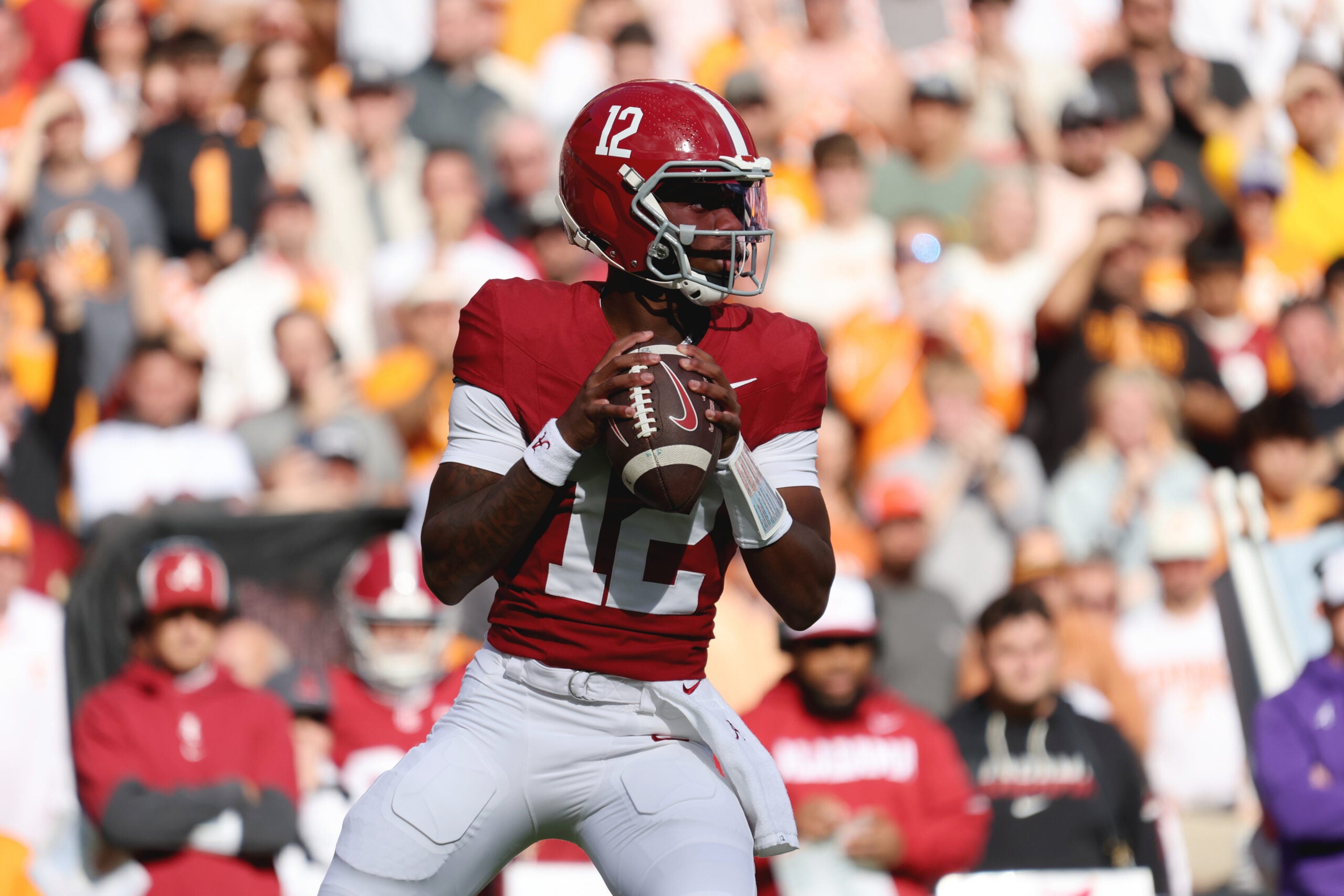 Oct 17, 2026; Knoxville, Tennessee, USA; Alabama Crimson Tide quarterback Keelon Russell (12) looks to pass against the Tennessee Volunteers during the first half at Neyland Stadium.