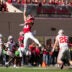 Indiana Hoosiers wide receiver Charlie Becker (80) reaches for a high pass from quarterback Josh Hoover (10) during the NCAA football game against the Ohio State Buckeyes at Memorial Stadium Stadium in Bloomington, Ind. on Oct. 17, 2026.