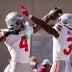 Ohio State Buckeyes wide receiver Jeremiah Smith (4) celebrates a touchdown with with wide receiver Devin McCuin (3) during the NCAA football game against the Indiana Hoosiers at Memorial Stadium Stadium in Bloomington, Ind. on Oct. 17, 2026.