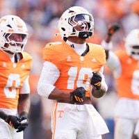 Tennessee defensive back Dejuan Lane (10) celebrates on the field during a game between Tennessee and Alabama in Neyland Stadium in Knoxville, Tenn., Oct. 17, 2026.