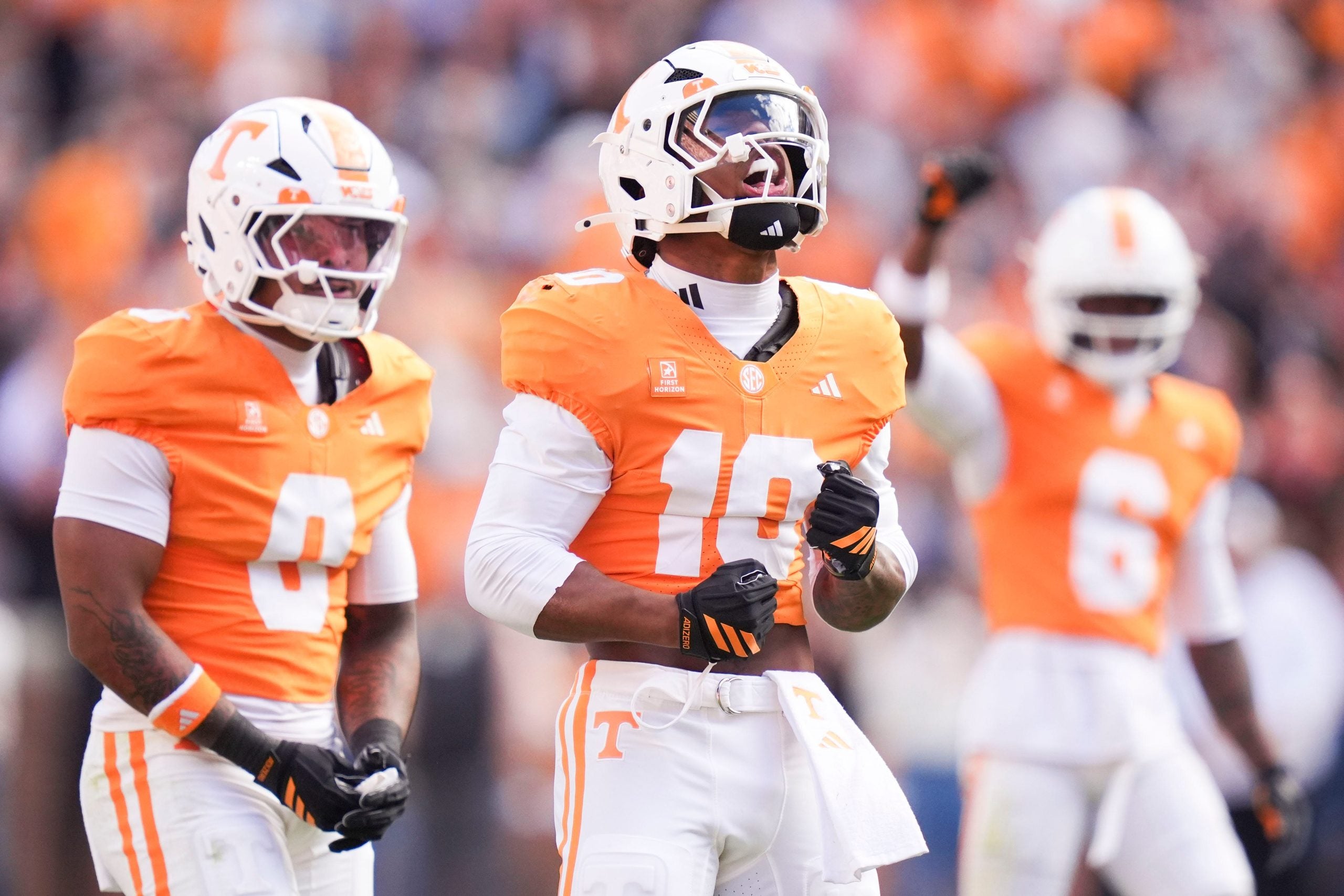 Tennessee defensive back Dejuan Lane (10) celebrates on the field during a game between Tennessee and Alabama in Neyland Stadium in Knoxville, Tenn., Oct. 17, 2026.