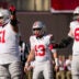 Ohio State Buckeyes quarterback Luke Fahey (13) lines up behind offensive lineman Luke Montgomery (51) and offensive lineman Ian Moore (69) during the NCAA football game against the Indiana Hoosiers at Memorial Stadium Stadium in Bloomington, Ind. on Oct. 17, 2026.