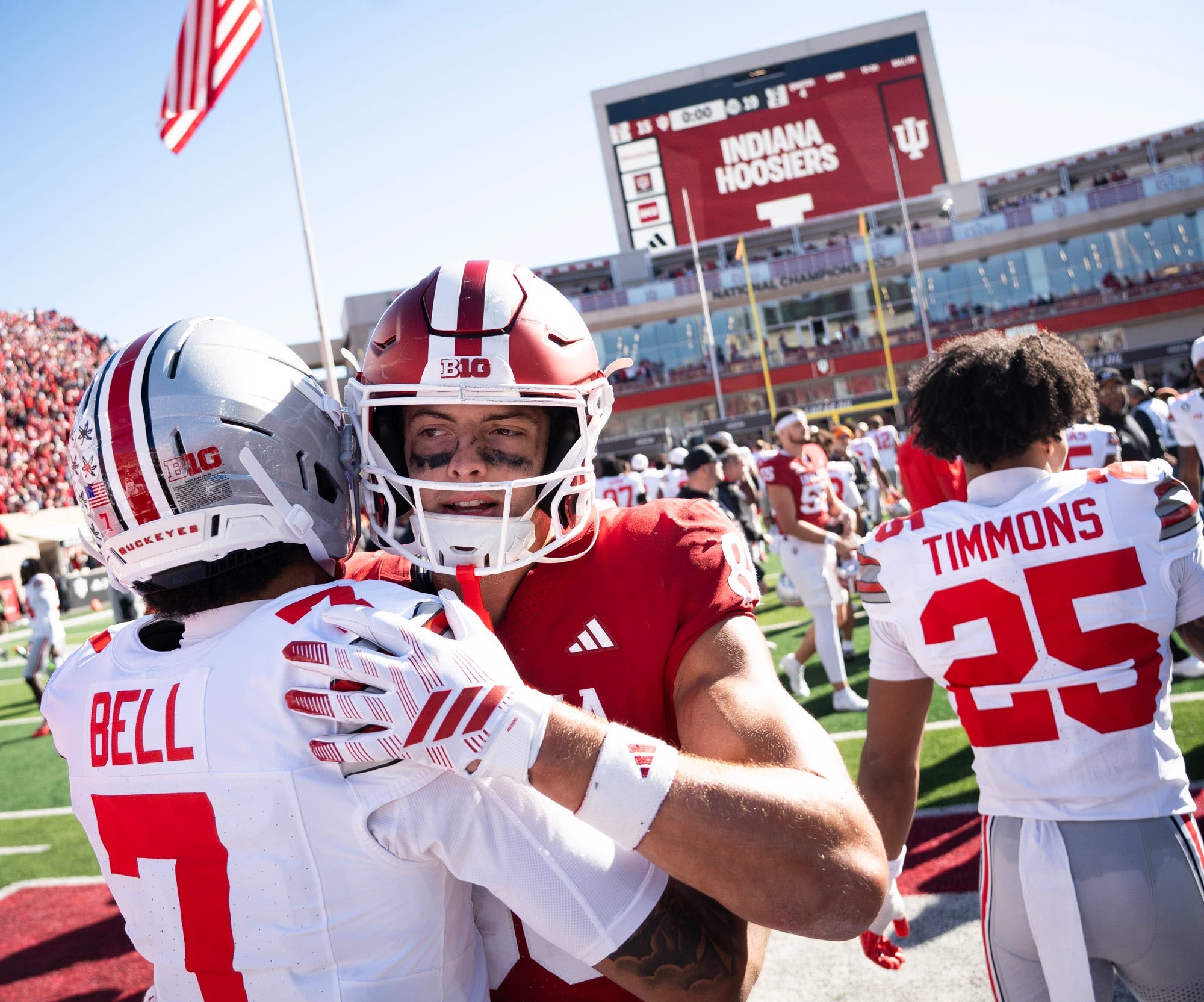 Indiana's Charlie Becker (80) hugs Ohio State's Phillip Bell (7) after the Indiana versus Ohio State football game at Memorial Stadium on Saturday, Oct. 17, 2026.