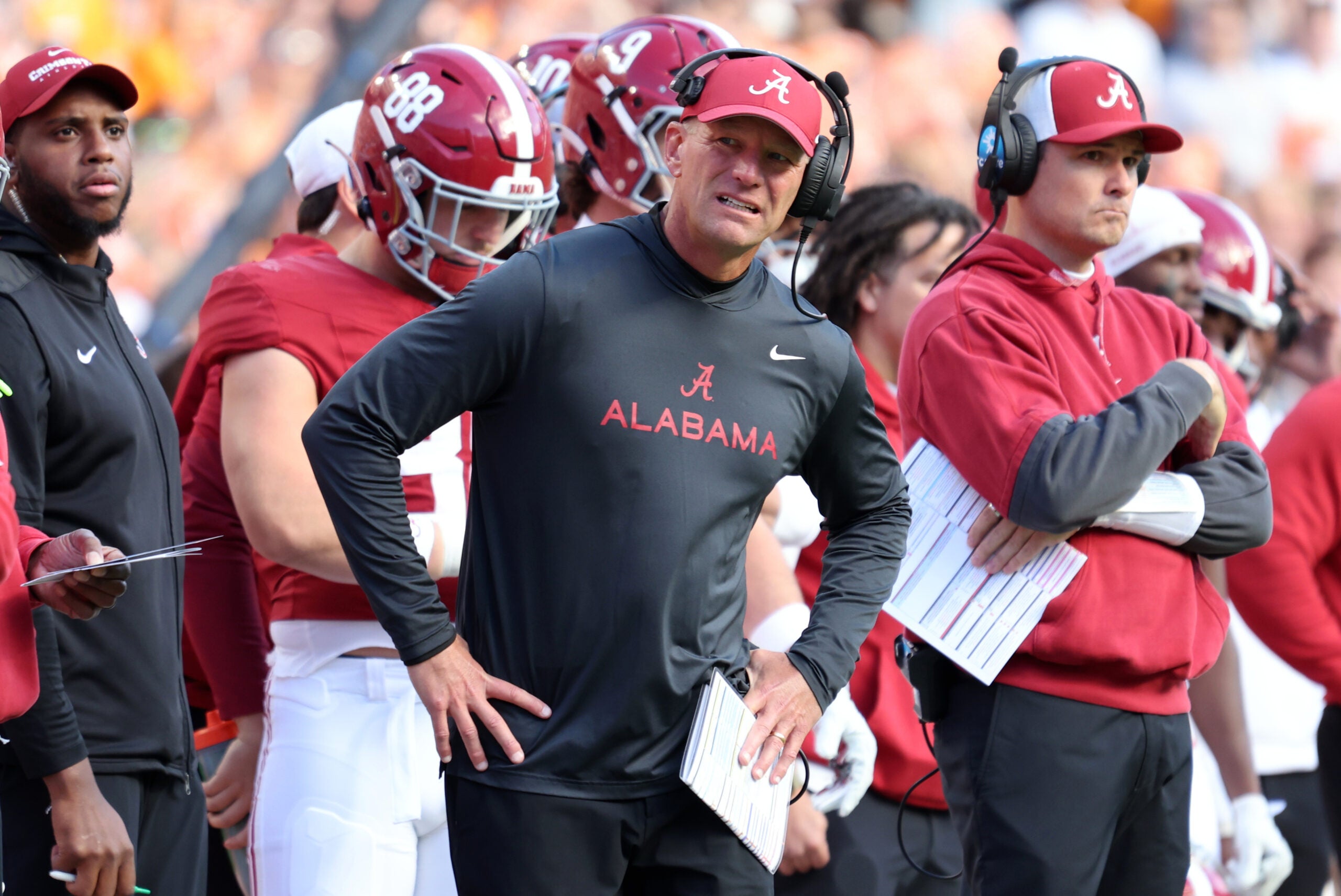Oct 17, 2026; Knoxville, Tennessee, USA; Alabama Crimson Tide head coach Kalen DeBoer reacts during the first half against the Tennessee Volunteers at Neyland Stadium.