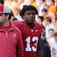 Oct 17, 2026; Knoxville, Tennessee, USA; Alabama Crimson Tide running back EJ Crowell (13) leaves the field during the first half against the Tennessee Volunteers at Neyland Stadium.