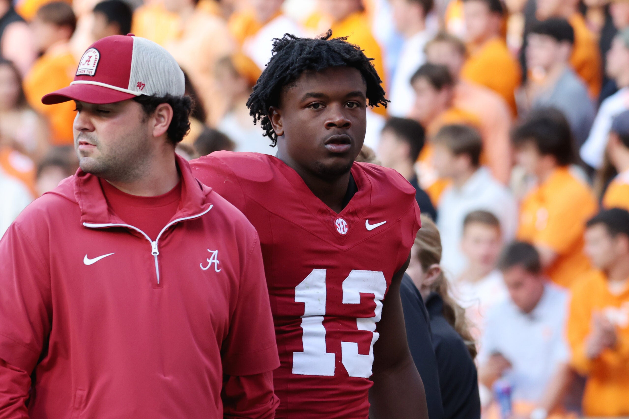 Oct 17, 2026; Knoxville, Tennessee, USA; Alabama Crimson Tide running back EJ Crowell (13) leaves the field during the first half against the Tennessee Volunteers at Neyland Stadium.