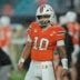 Oct 17, 2026; Miami Gardens, Florida, USA; Miami Hurricanes quarterback Darian Mensah (10) warms up before a game against the Florida State Seminoles at Hard Rock Stadium.