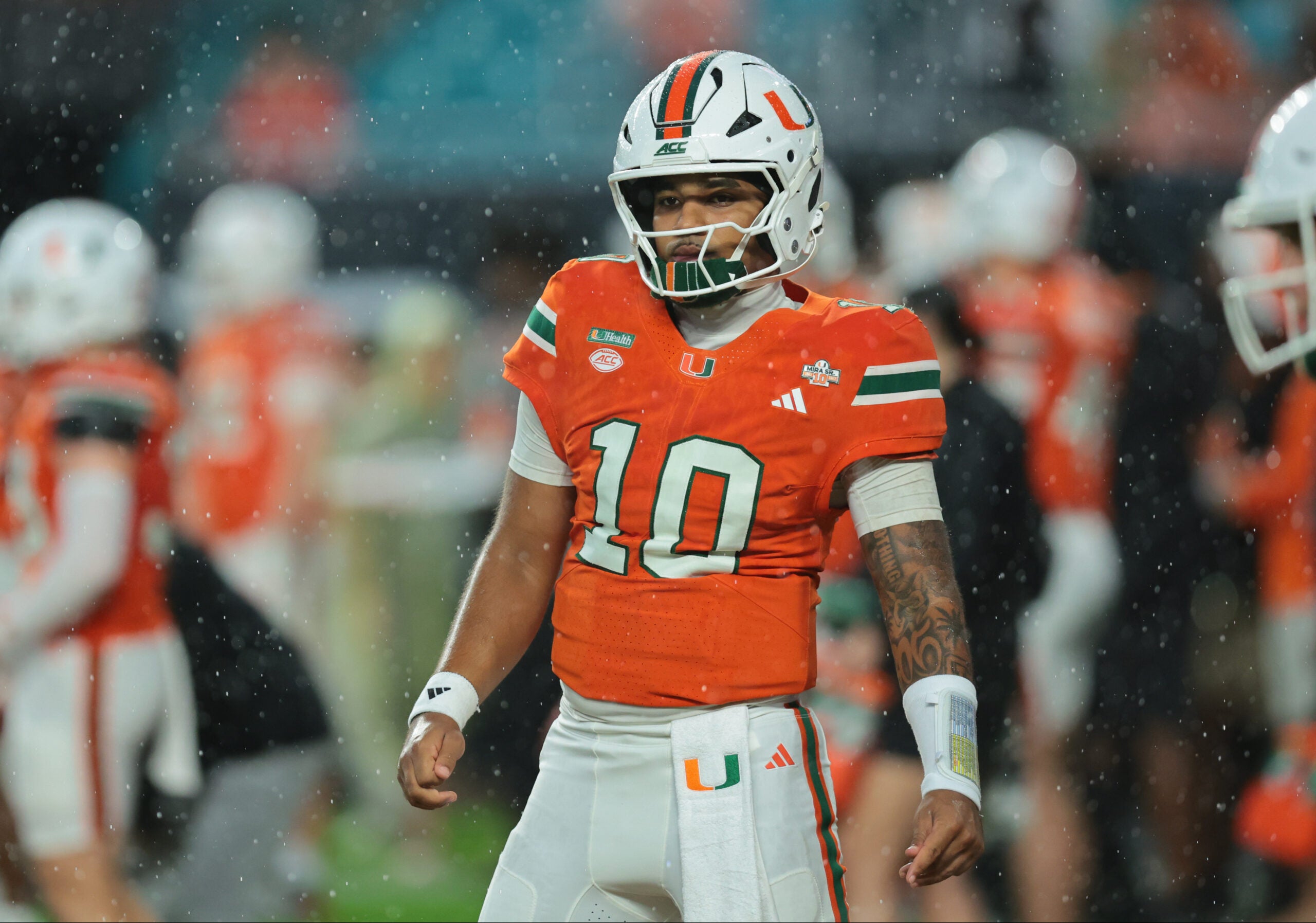 Oct 17, 2026; Miami Gardens, Florida, USA; Miami Hurricanes quarterback Darian Mensah (10) warms up before a game against the Florida State Seminoles at Hard Rock Stadium.