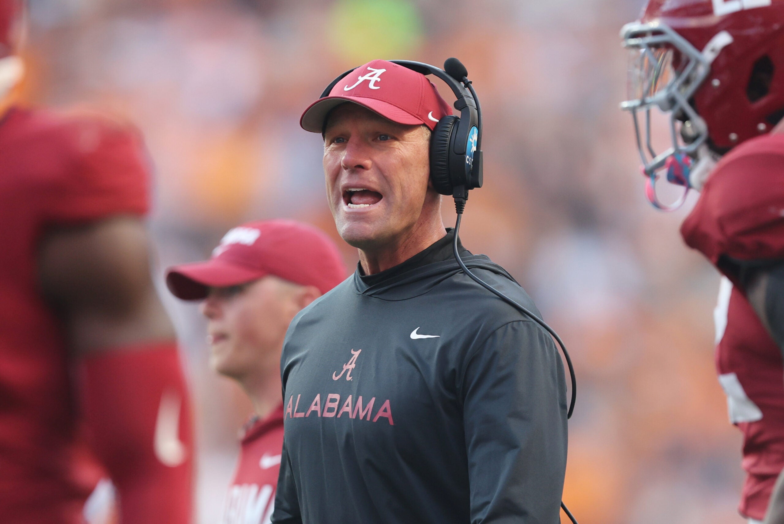 Oct 17, 2026; Knoxville, Tennessee, USA; Alabama Crimson Tide head coach Kalen DeBoer reacts during the second half against the Tennessee Volunteers at Neyland Stadium.