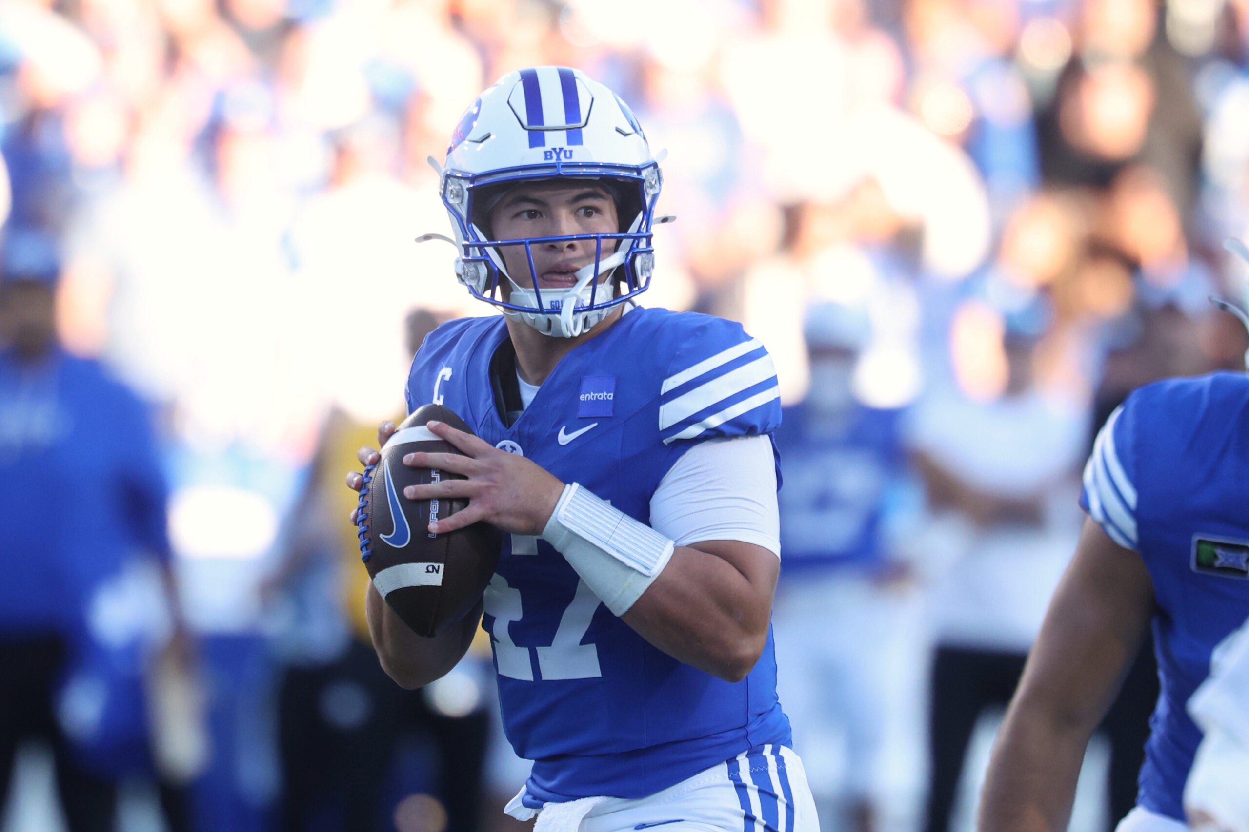 Oct 17, 2026; Provo, Utah, USA; Brigham Young Cougars quarterback Bear Bachmeier (47) looks to pass against the Notre Dame Fighting Irish during the first half at LaVell Edwards Stadium.