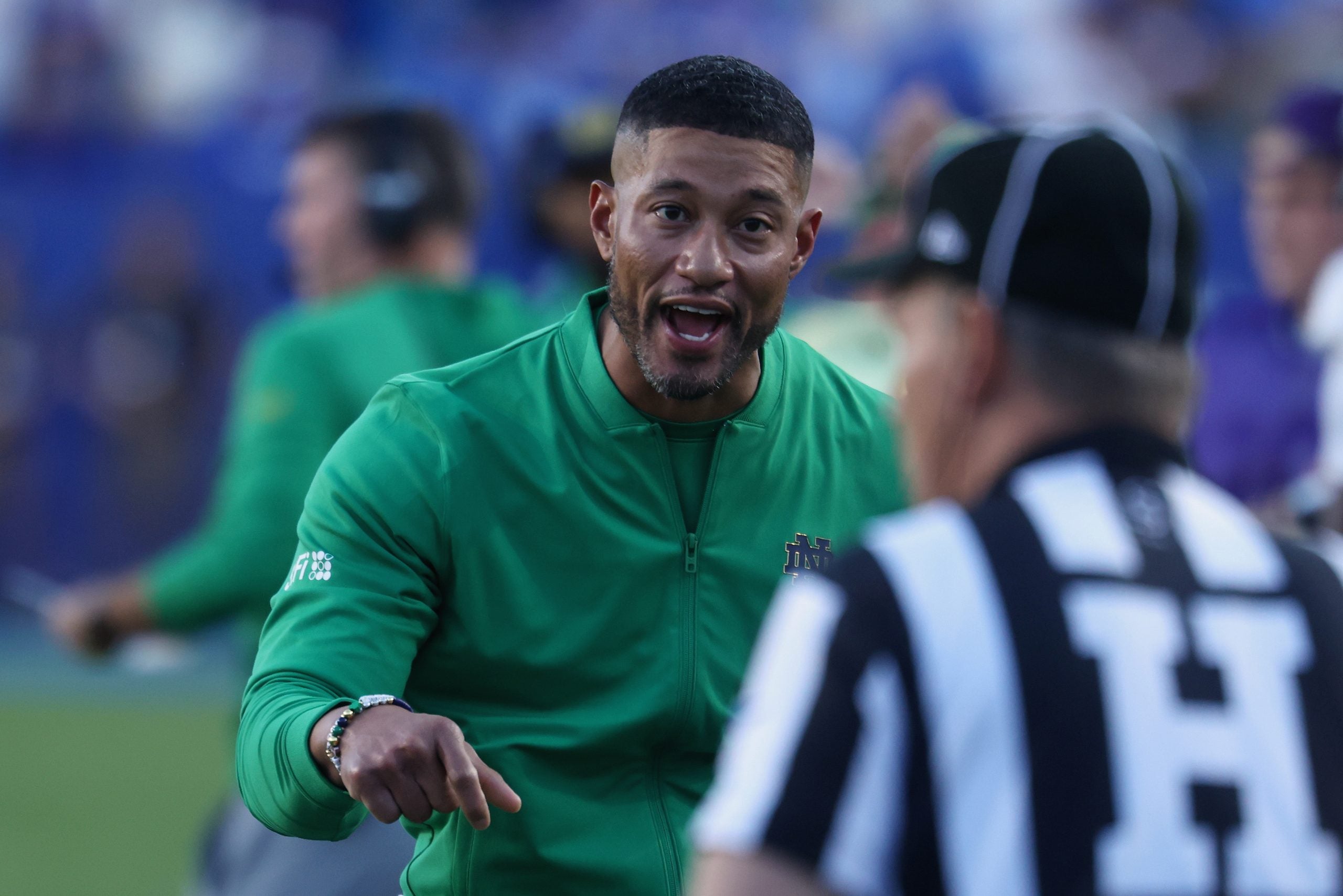Oct 17, 2026; Provo, Utah, USA; Notre Dame Fighting Irish head coach Marcus Freeman reacts during the first half against the Brigham Young Cougars at LaVell Edwards Stadium.