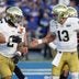 Oct 17, 2026; Provo, Utah, USA; Notre Dame Fighting Irish running back Nolan James Jr. (2) celebrates with quarterback CJ Carr (13) after scoring a touchdown against the Brigham Young Cougars during the first half at LaVell Edwards Stadium.