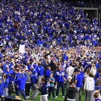 Oct 17, 2026; Provo, Utah, USA; Brigham Young Cougars fans celebrate after the game against the Notre Dame Fighting Irish at LaVell Edwards Stadium.