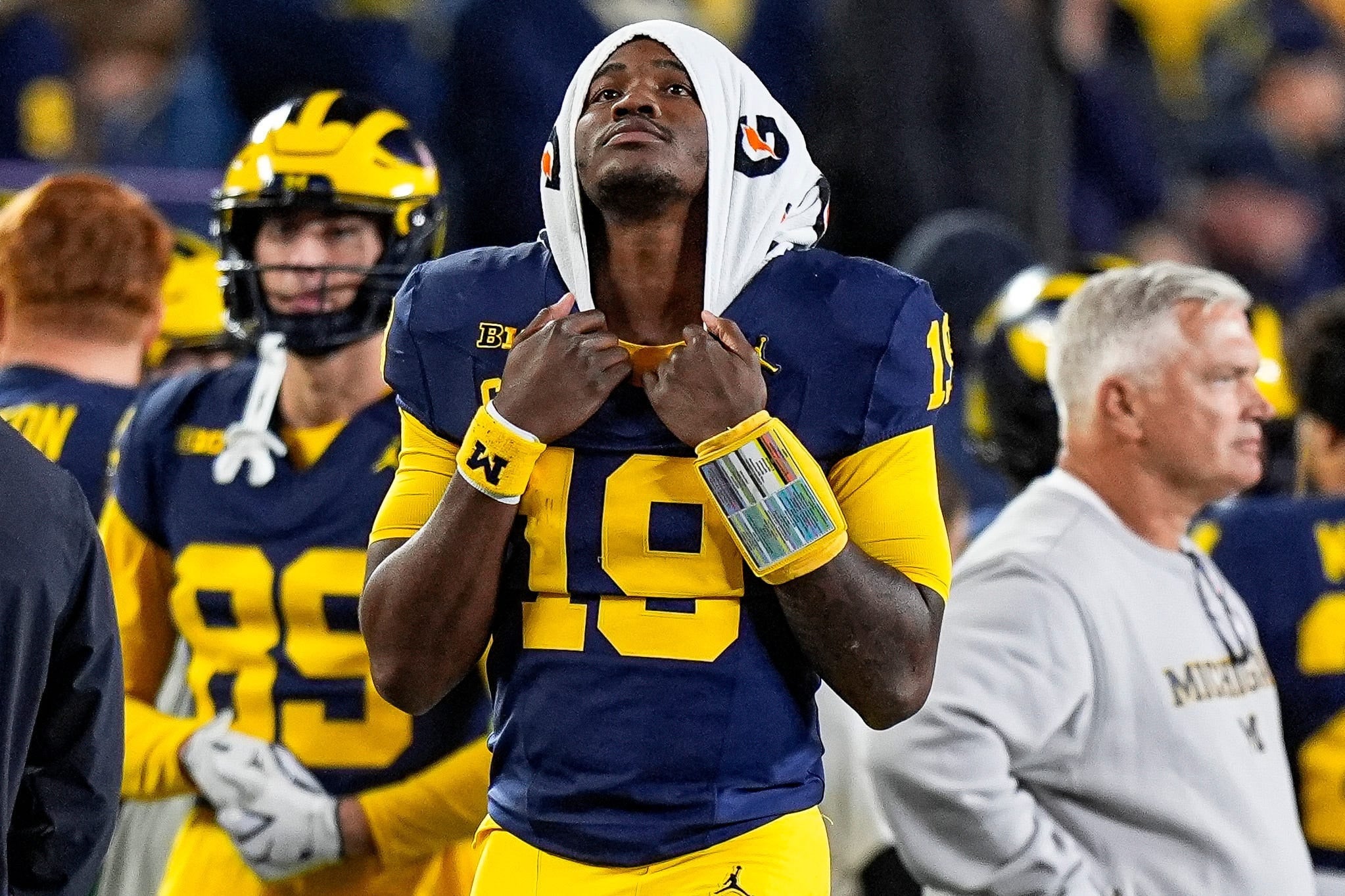 Michigan quarterback Bryce Underwood (19) watches a play against Penn State from the sideline during the second half at Michigan Stadium in Ann Arbor on Saturday, Oct. 17, 2026.