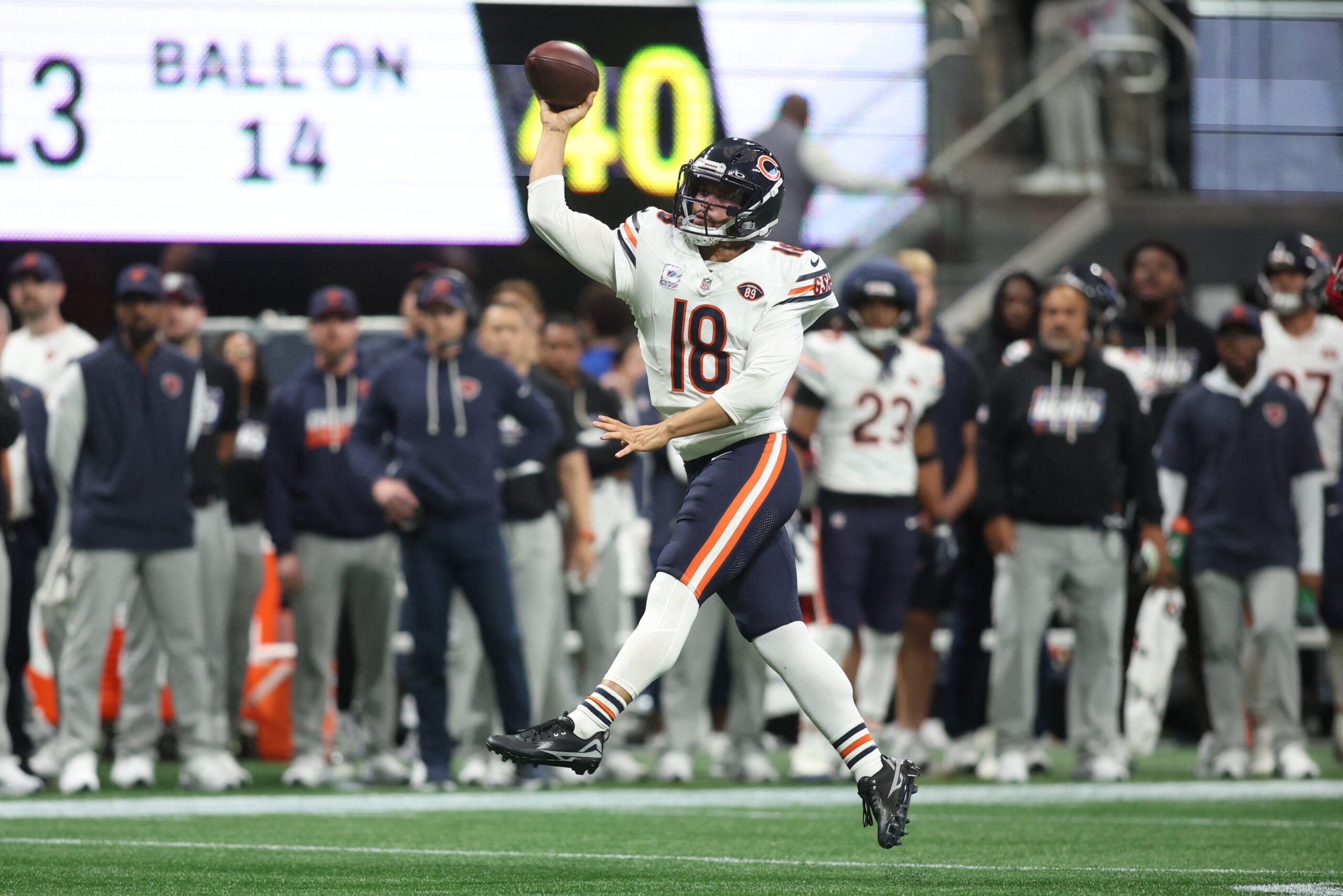 Oct 18, 2026; Atlanta, Georgia, USA; Chicago Bears quarterback Caleb Williams (18) throws the ball during the first quarter against the Atlanta Falcons at Mercedes-Benz Stadium.