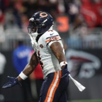 Oct 18, 2026; Atlanta, Georgia, USA; Chicago Bears running back D'Andre Swift (4) celebrates during the first quarter against the Atlanta Falcons at Mercedes-Benz Stadium.