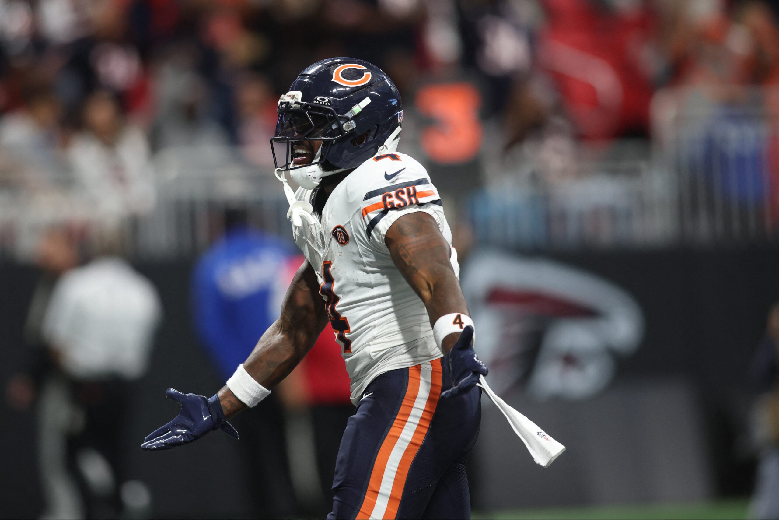 Oct 18, 2026; Atlanta, Georgia, USA; Chicago Bears running back D'Andre Swift (4) celebrates during the first quarter against the Atlanta Falcons at Mercedes-Benz Stadium.