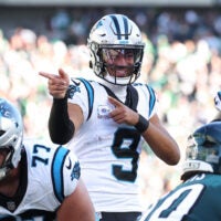 Oct 18, 2026; Philadelphia, Pennsylvania, USA; Carolina Panthers quarterback Bryce Young (9) reacts after drawing a Philadelphia Eagles offsides during the fourth quarter at Lincoln Financial Field.