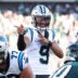 Oct 18, 2026; Philadelphia, Pennsylvania, USA; Carolina Panthers quarterback Bryce Young (9) reacts after drawing a Philadelphia Eagles offsides during the fourth quarter at Lincoln Financial Field.