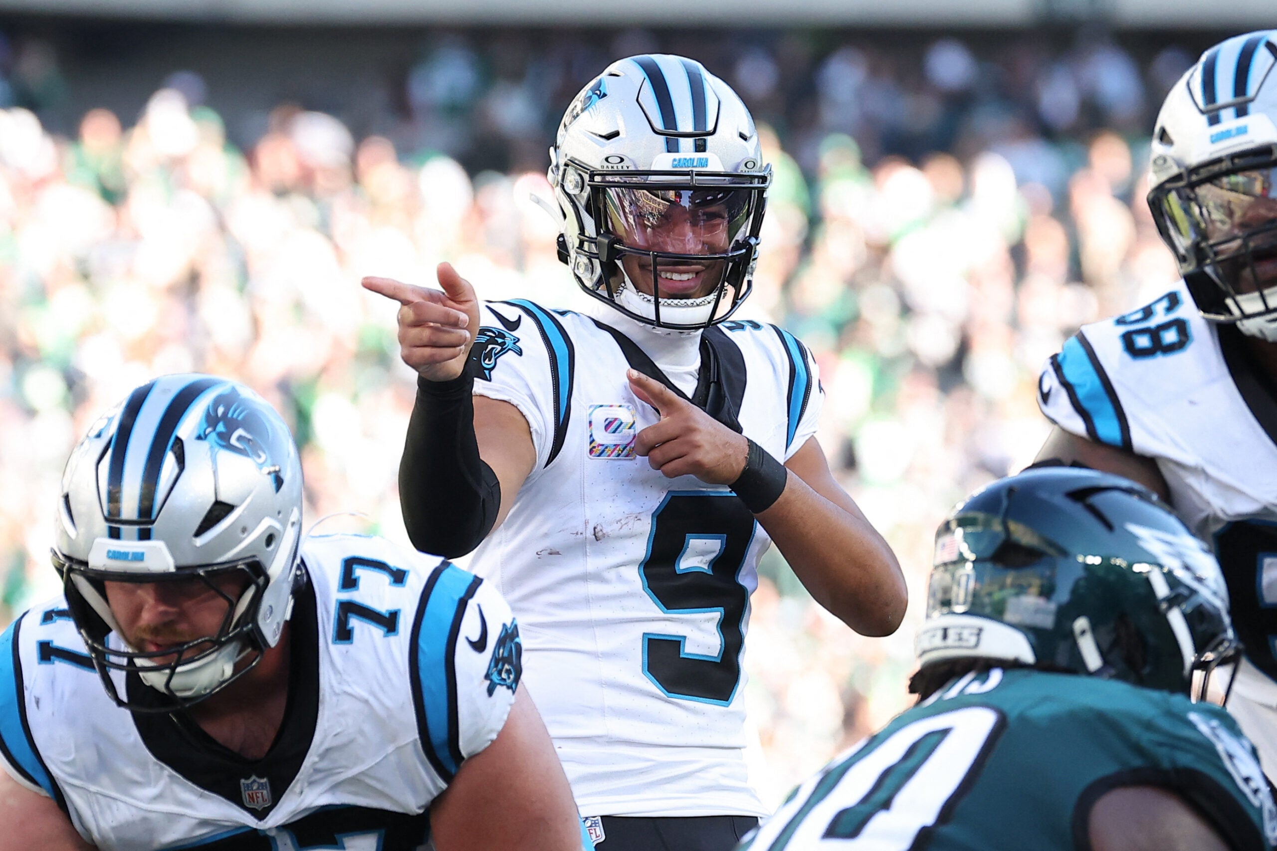 Oct 18, 2026; Philadelphia, Pennsylvania, USA; Carolina Panthers quarterback Bryce Young (9) reacts after drawing a Philadelphia Eagles offsides during the fourth quarter at Lincoln Financial Field.