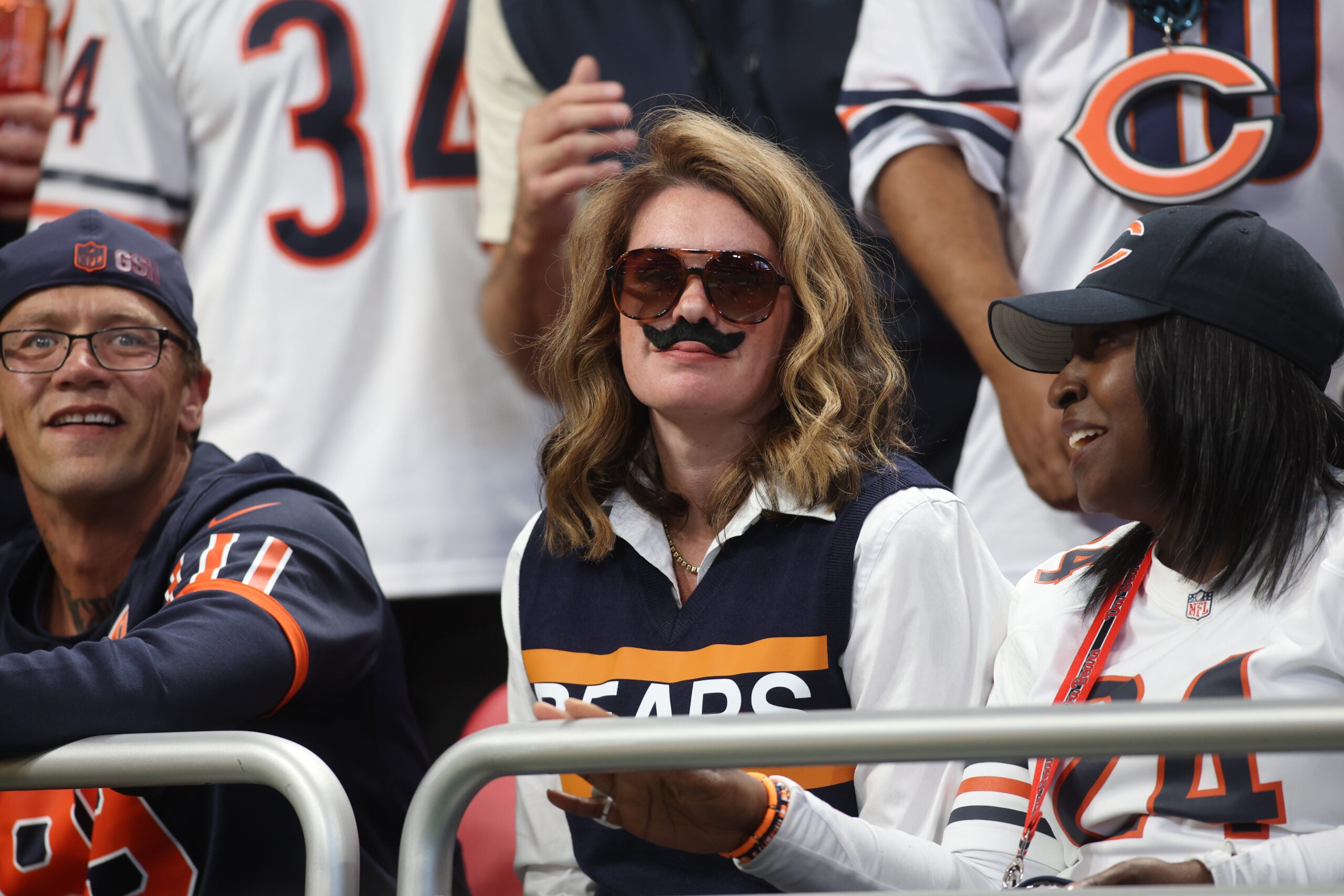 Oct 18, 2026; Atlanta, Georgia, USA; A Chicago Bears fan wears a Mike Ditka costume as she looks on during the fourth quarter against the Atlanta Falcons at Mercedes-Benz Stadium.