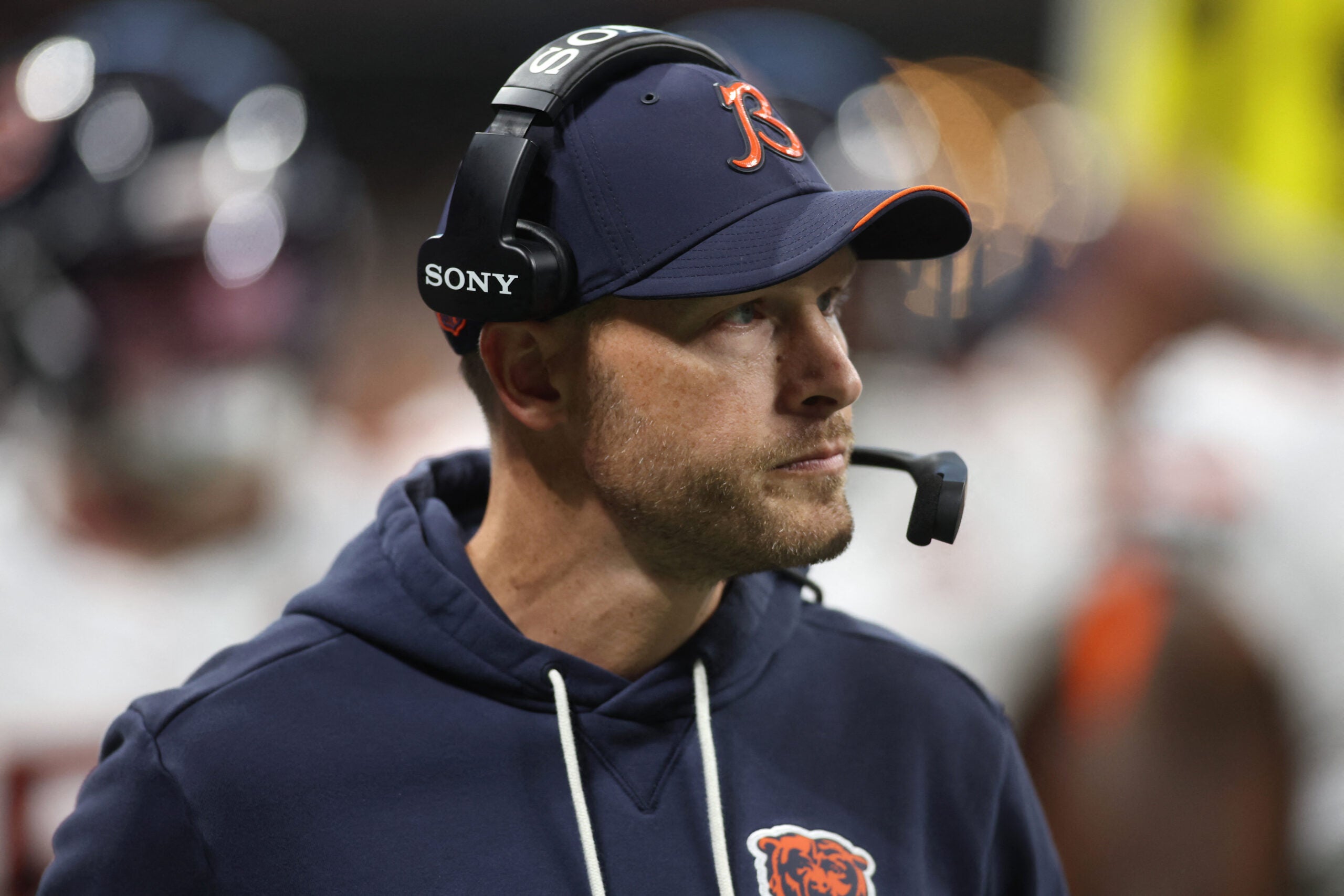 Oct 18, 2026; Atlanta, Georgia, USA; Chicago Bears head coach Ben Johnson looks on during the fourth quarter against the Atlanta Falcons at Mercedes-Benz Stadium.