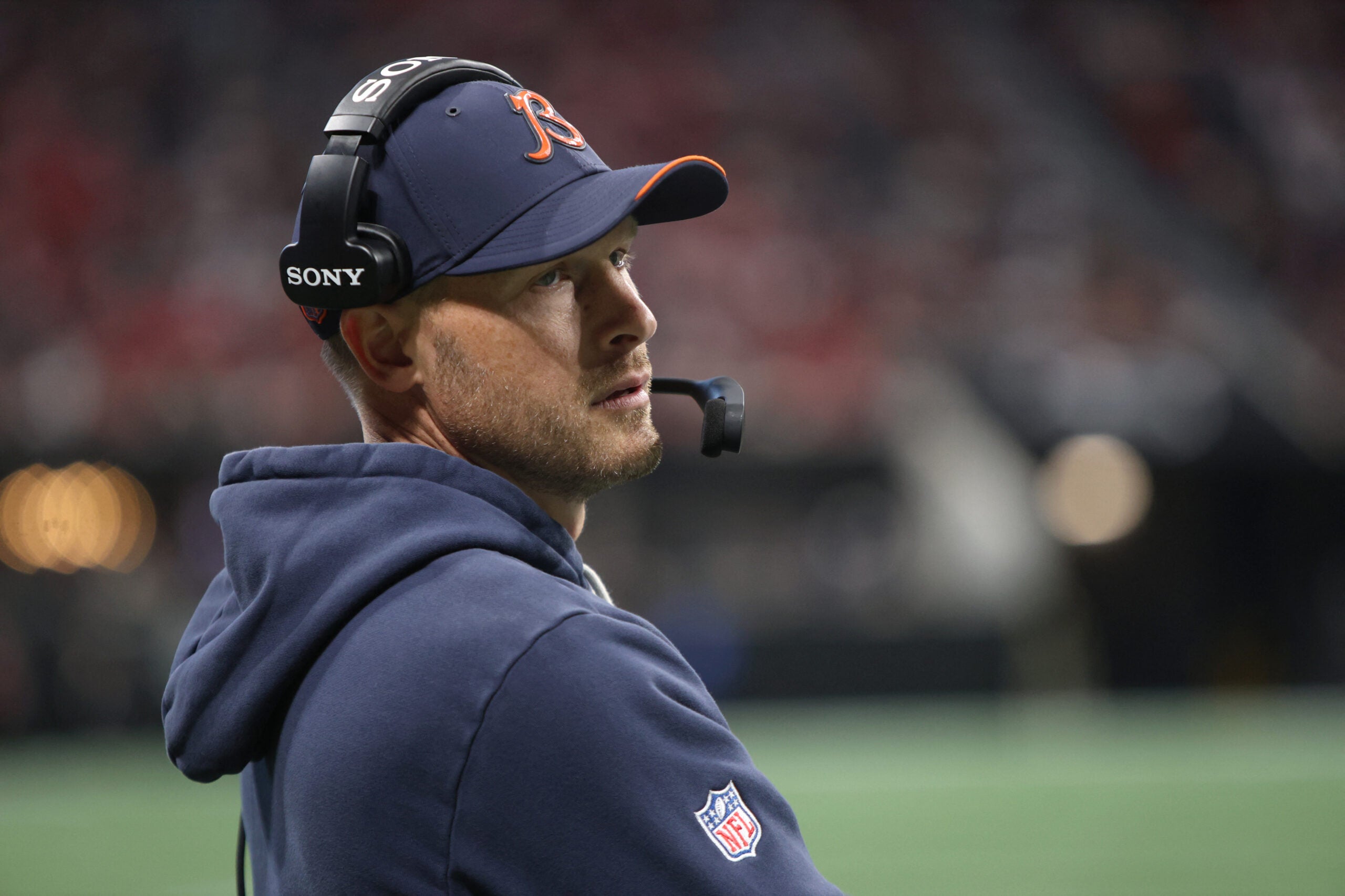 Oct 18, 2026; Atlanta, Georgia, USA; Chicago Bears head coach Ben Johnson looks on during the fourth quarter against the Atlanta Falcons at Mercedes-Benz Stadium.