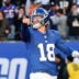 Oct 18, 2026; East Rutherford, New Jersey, USA; New York Giants quarterback J.J. McCarthy (18) reacts after throwing a twenty-four-yard touchdown pass to tight end Isaiah Likely (not pictured) against the New Orleans Saints during the fourth quarter at MetLife Stadium.