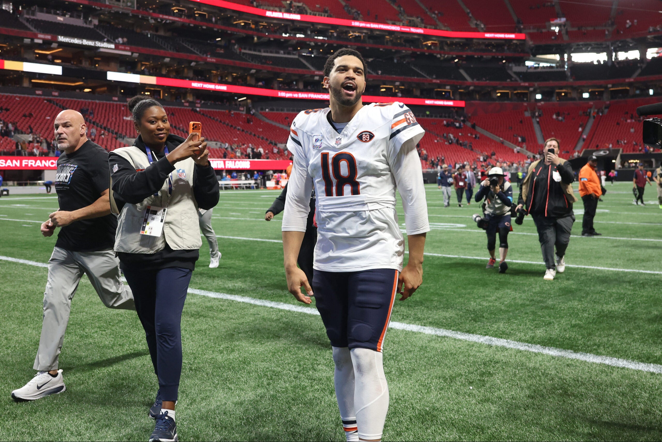 Oct 18, 2026; Atlanta, Georgia, USA; Chicago Bears quarterback Caleb Williams (18) walks off the field after the game against the Atlanta Falcons at Mercedes-Benz Stadium.