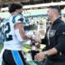 Oct 18, 2026; Philadelphia, Pennsylvania, USA; Carolina Panthers head coach Dave Canales greets tight end Tommy Tremble (82) after win against the Philadelphia Eagles at Lincoln Financial Field.