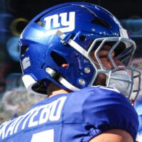Oct 18, 2026; East Rutherford, New Jersey, USA; New York Giants running back Cam Skattebo (44) looks on during the second half against New Orleans at MetLife Stadium.