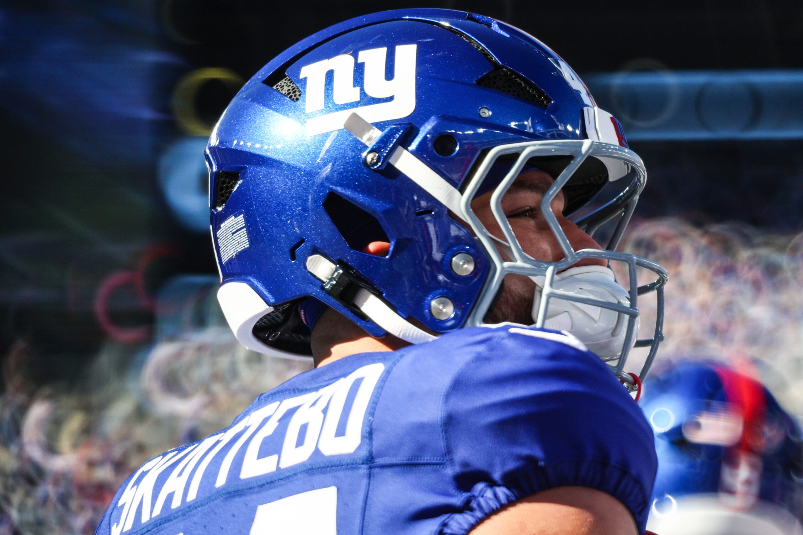 Oct 18, 2026; East Rutherford, New Jersey, USA; New York Giants running back Cam Skattebo (44) looks on during the second half against New Orleans at MetLife Stadium.