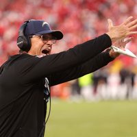Oct 18, 2026; Kansas City, Missouri, USA; Los Angeles Chargers head coach Jim Harbaugh reacts to a play during the fourth quarter against the Kansas City Chiefs at GEHA Field at Arrowhead Stadium.