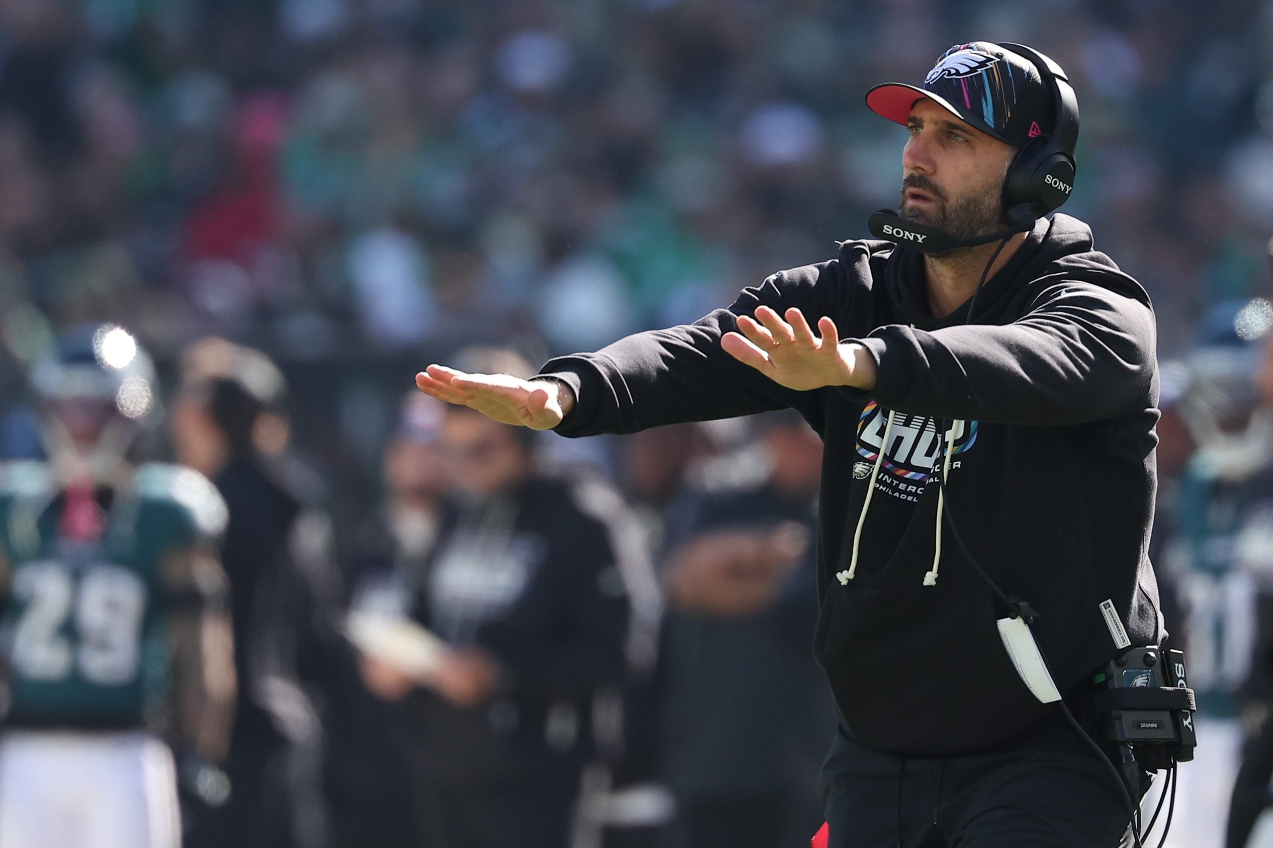Oct 18, 2026; Philadelphia, Pennsylvania, USA; Philadelphia Eagles head coach Nick Sirianni reacts to a play during the second quarter against the Carolina Panthers at Lincoln Financial Field.