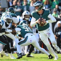 Oct 18, 2026; Philadelphia, Pennsylvania, USA; Philadelphia Eagles quarterback Tanner McKee (16) looks for a receiver against the Carolina Panthers at Lincoln Financial Field.