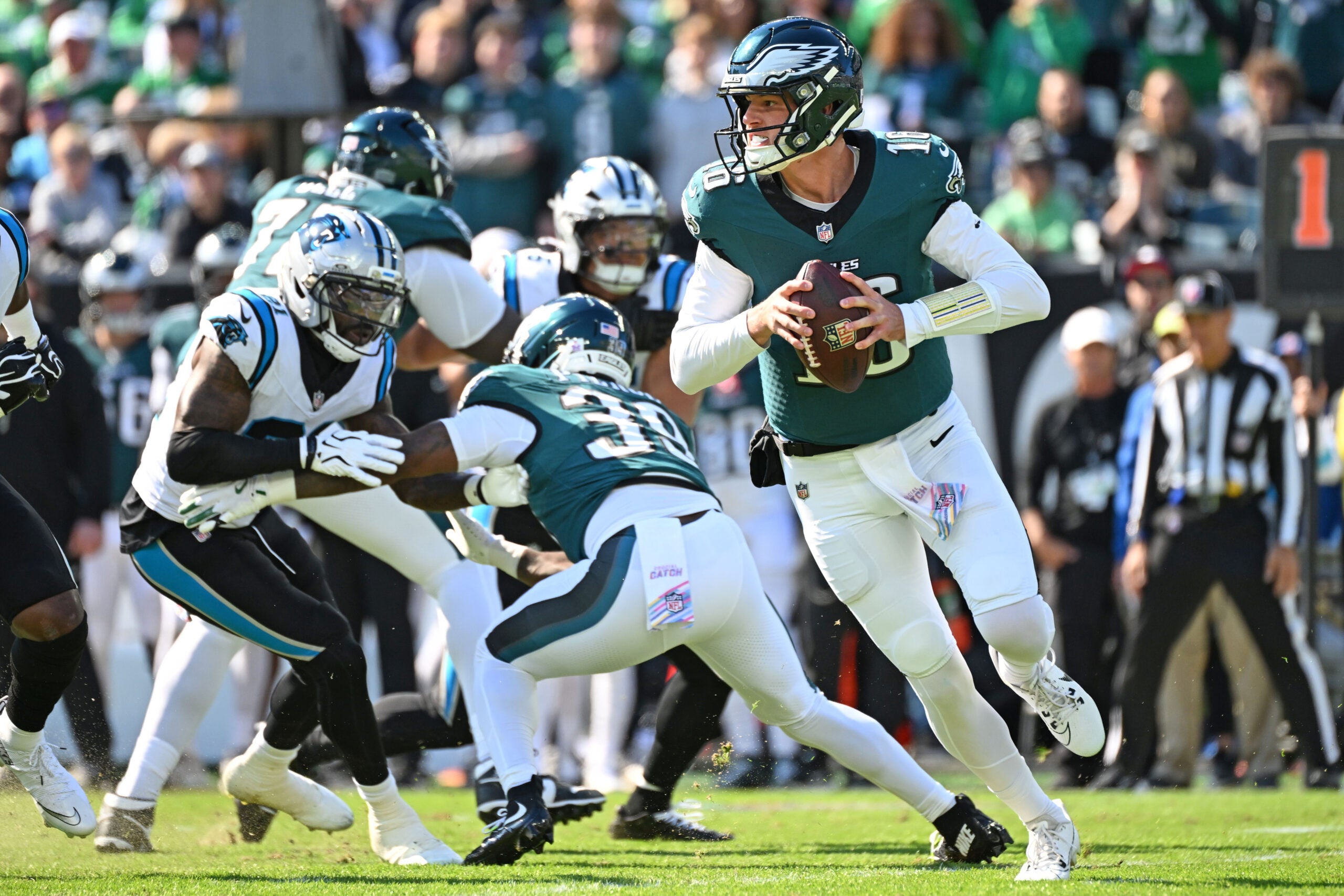Oct 18, 2026; Philadelphia, Pennsylvania, USA; Philadelphia Eagles quarterback Tanner McKee (16) looks for a receiver against the Carolina Panthers at Lincoln Financial Field.