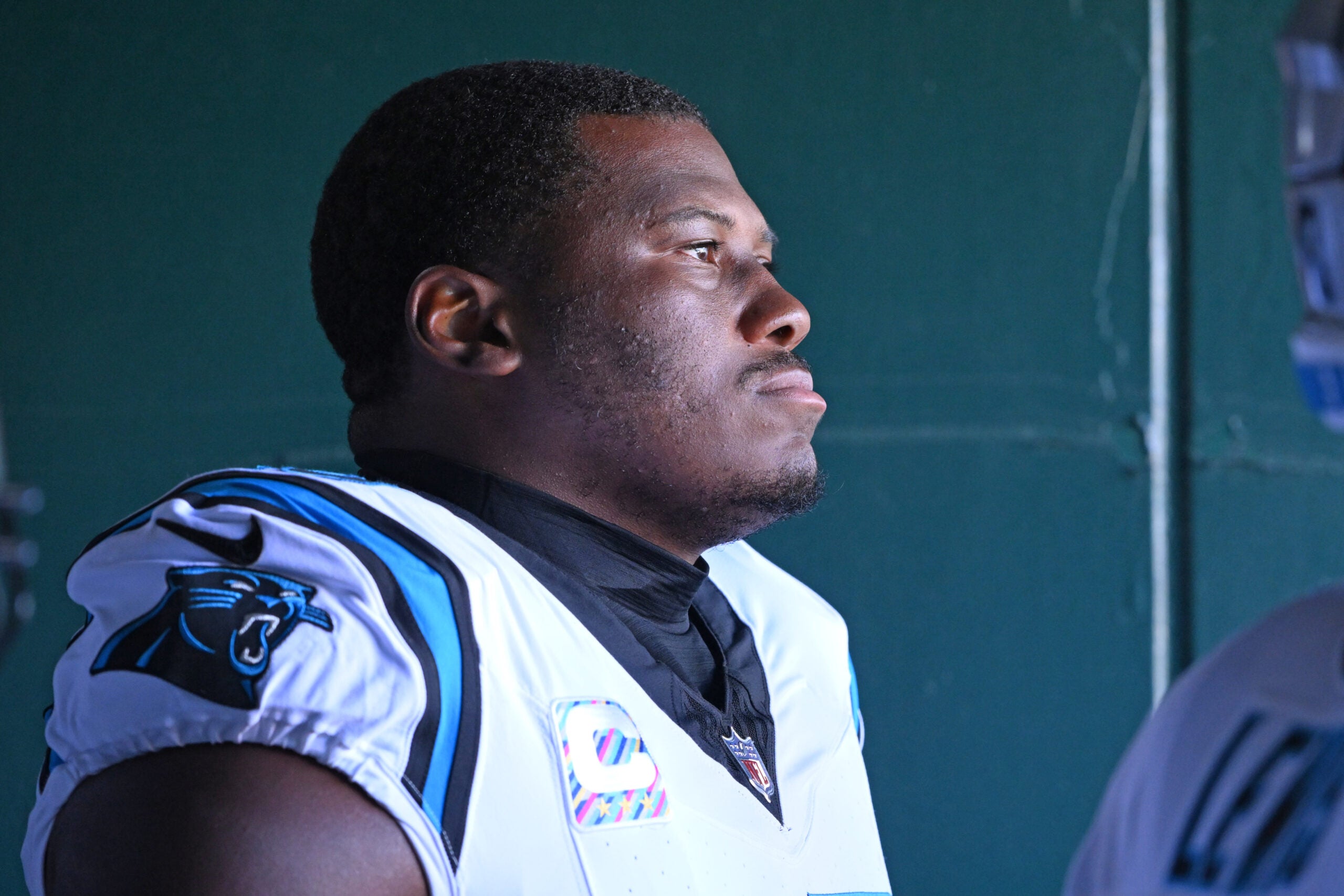 Oct 18, 2026; Philadelphia, Pennsylvania, USA; Carolina Panthers defensive tackle Derrick Brown (95) waits in the tunnel before game against the Philadelphia Eagles at Lincoln Financial Field.