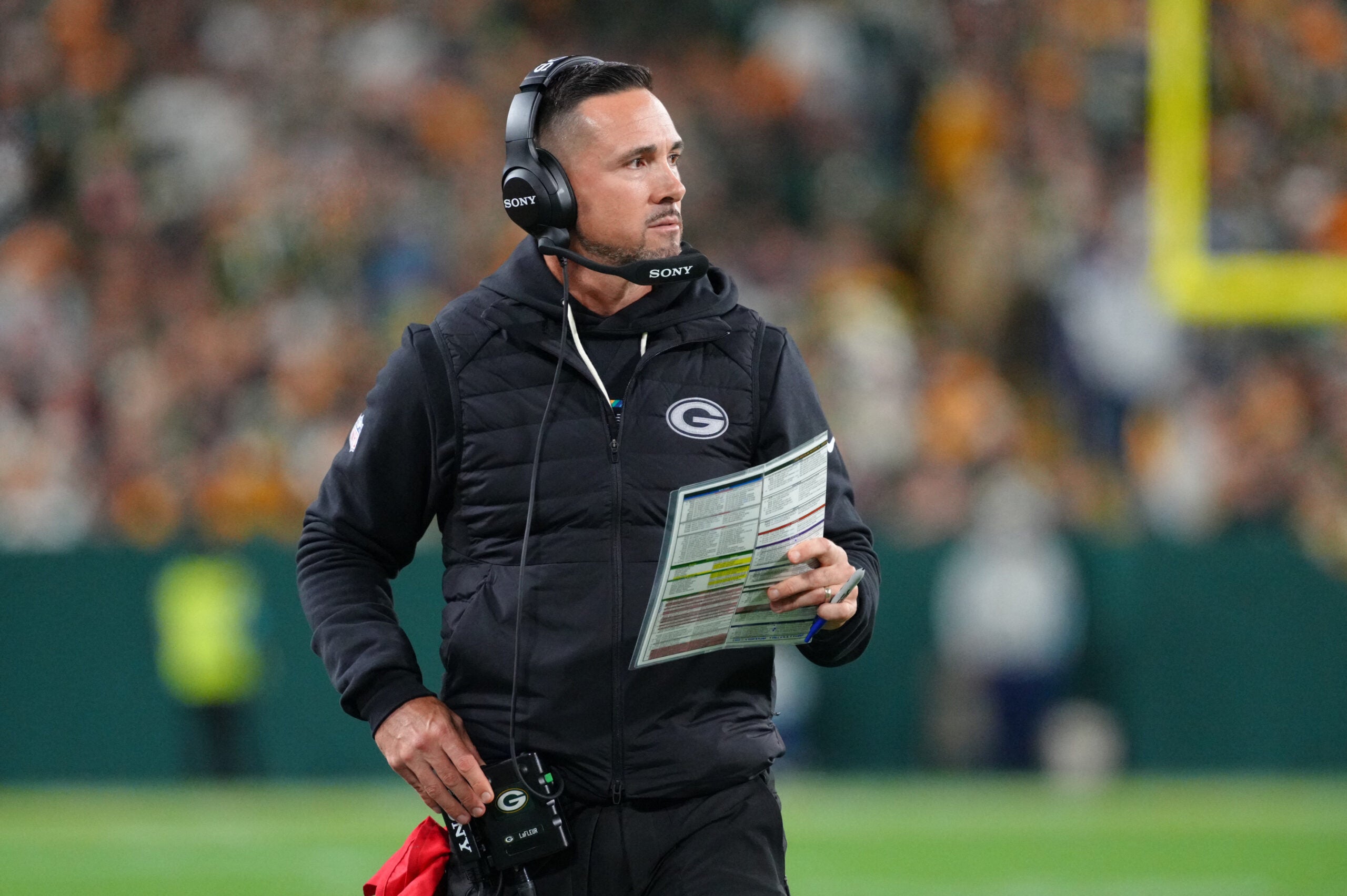 Oct 18, 2026; Green Bay, Wisconsin, USA; Green Bay Packers head coach Matt LaFleur looks on during the first half against the Dallas Cowboys at Lambeau Field.