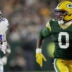 Green Bay Packers wide receiver Matthew Golden (0) is pursued by Dallas Cowboys' Shavon Revel Jr. (28) on a 37-yard reception during the first quarter of their game Sunday, Oct. 18, 2026 at Lambeau Field in Green Bay, Wisconsin.