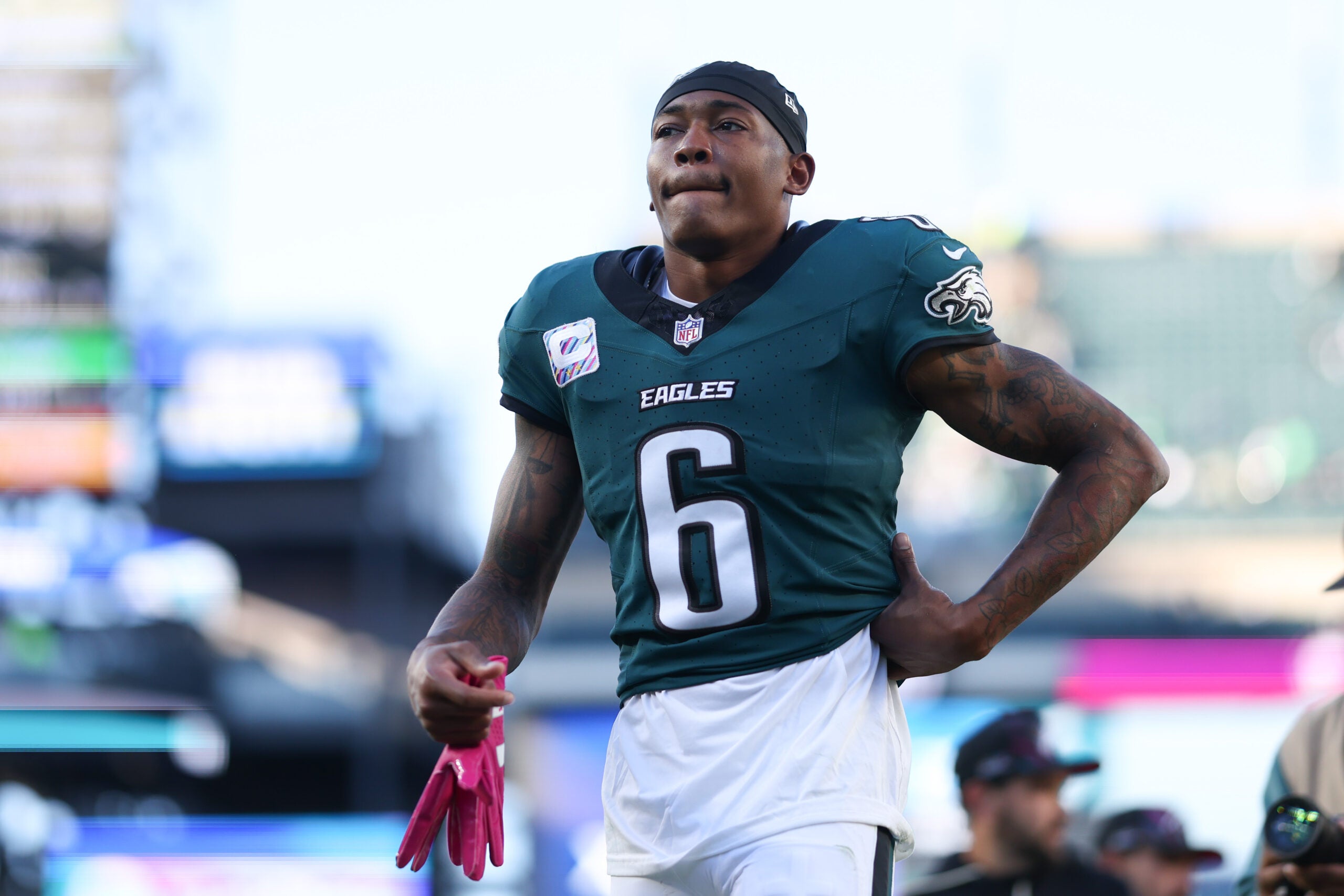 Oct 18, 2026; Philadelphia, Pennsylvania, USA; Philadelphia Eagles wide receiver DeVonta Smith (6) walks off the field after a loss against the Carolina Panthers at Lincoln Financial Field.