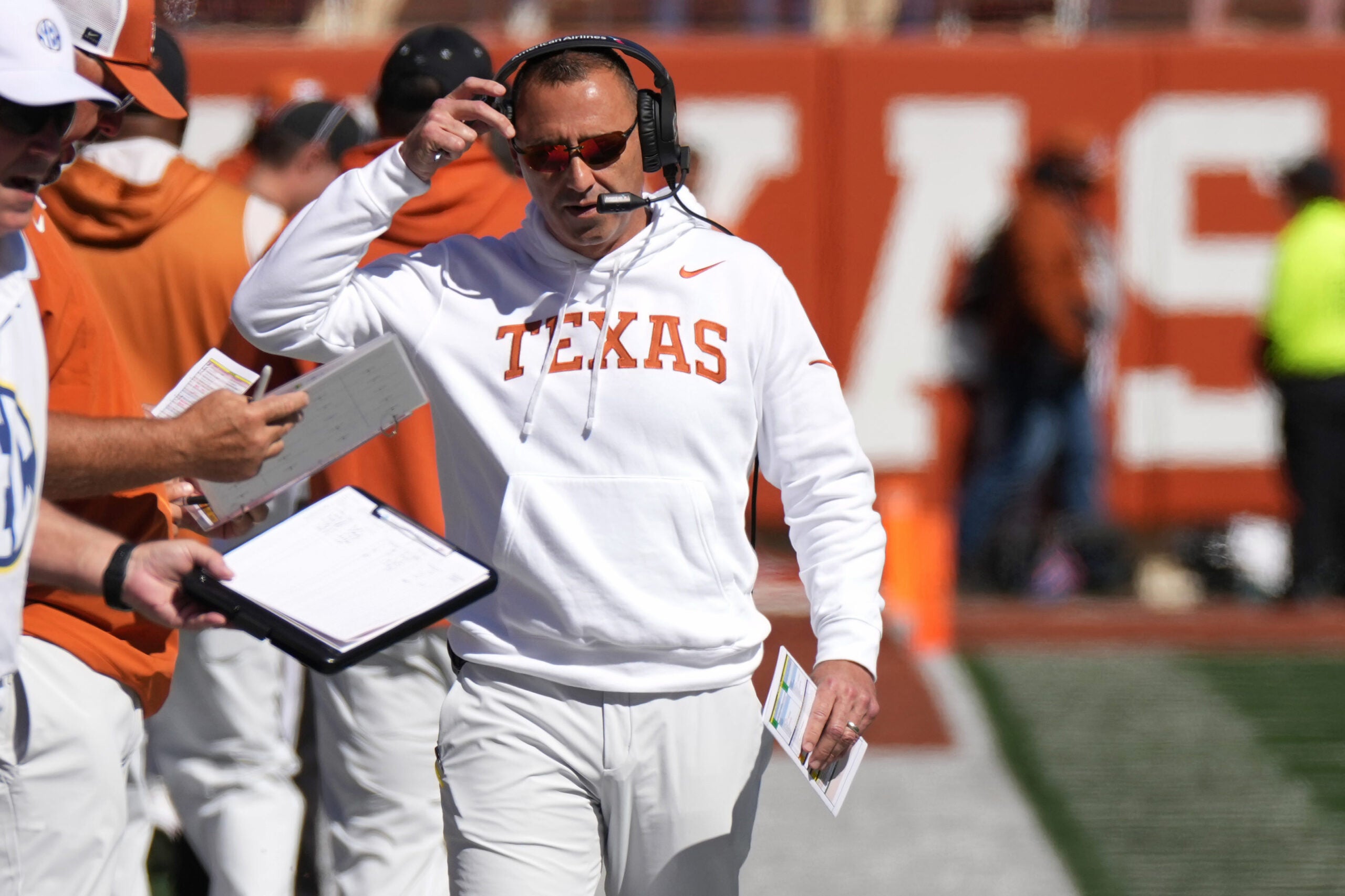 Oct 17, 2026; Austin, Texas, USA; Texas Longhorns Head Coach Steve Sarkisian during the first half against the Florida Gators at Darrell K Royal-Texas Memorial Stadium.