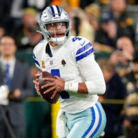 Oct 18, 2026; Green Bay, Wisconsin, USA; Dallas Cowboys quarterback Dak Prescott (4) during warmups prior to the game against the Green Bay Packers at Lambeau Field.