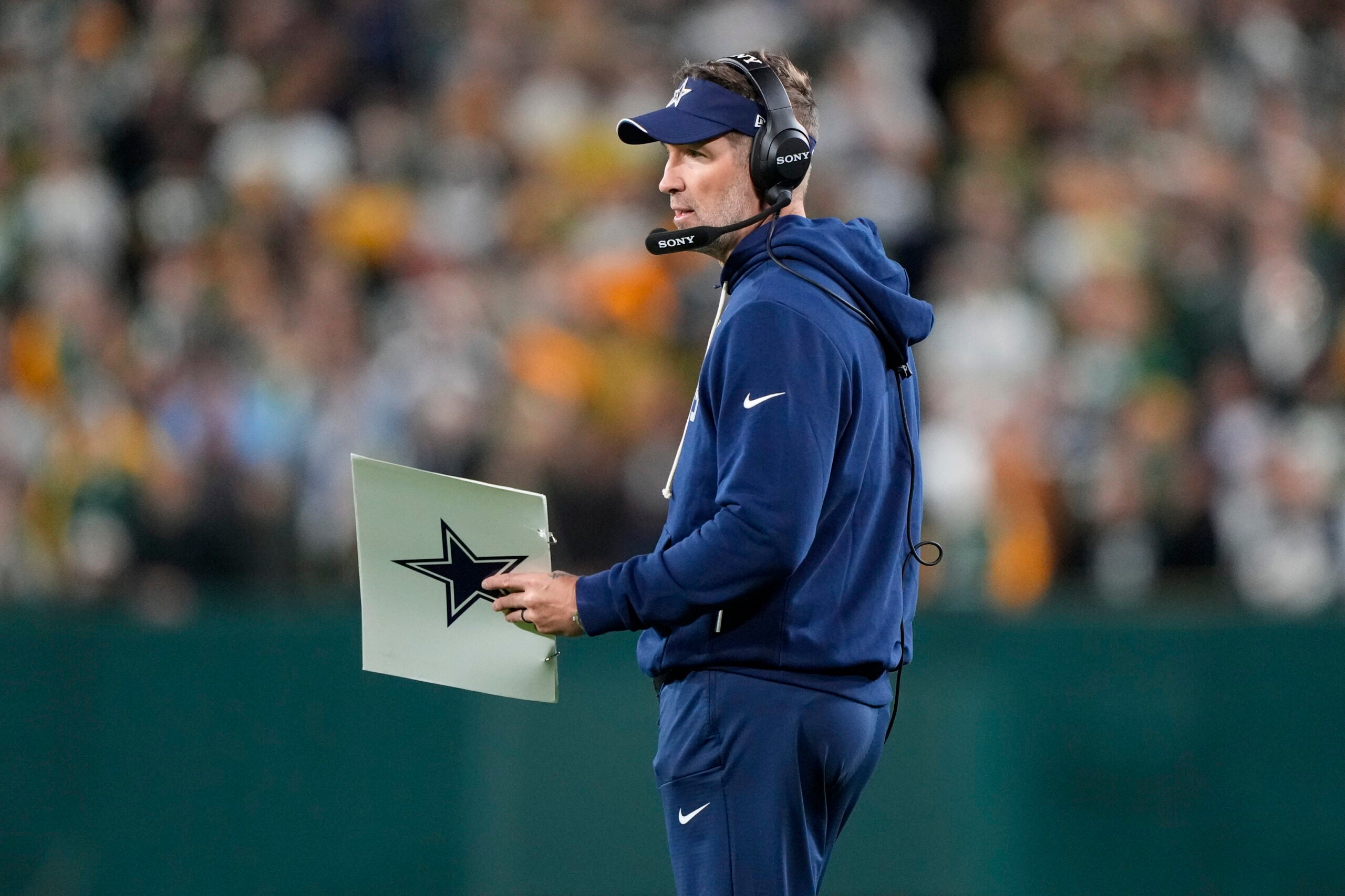 Oct 18, 2026; Green Bay, Wisconsin, USA; Dallas Cowboys head coach Brian Schottenheimer during the game against the Green Bay Packers at Lambeau Field.