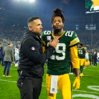 Oct 18, 2026; Green Bay, Wisconsin, USA; Green Bay Packers head coach Matt LaFleur greets safety Xavier McKinney (29) following the game against the Dallas Cowboys at Lambeau Field.